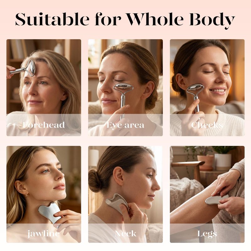 BAIMEI Stainless Steel Gua Sha & Face Roller Set, Facial Massage Tool for Face, Neck and Body, Cooling Metal Skin Care Tools for Depuffing Routine, Self Care Gift for Women