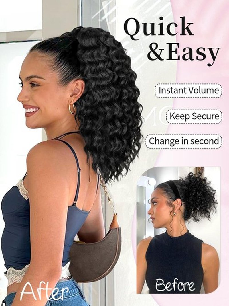 KooKaStyle Curly Ponytail Extension Fluffy Drawstring Ponytail for Women Kinky Curly Clip in Hair Extensions Long Curly Wavy Ponytail Extension Synthetic Hairpiece for Daily Use(18 Inch,Black)