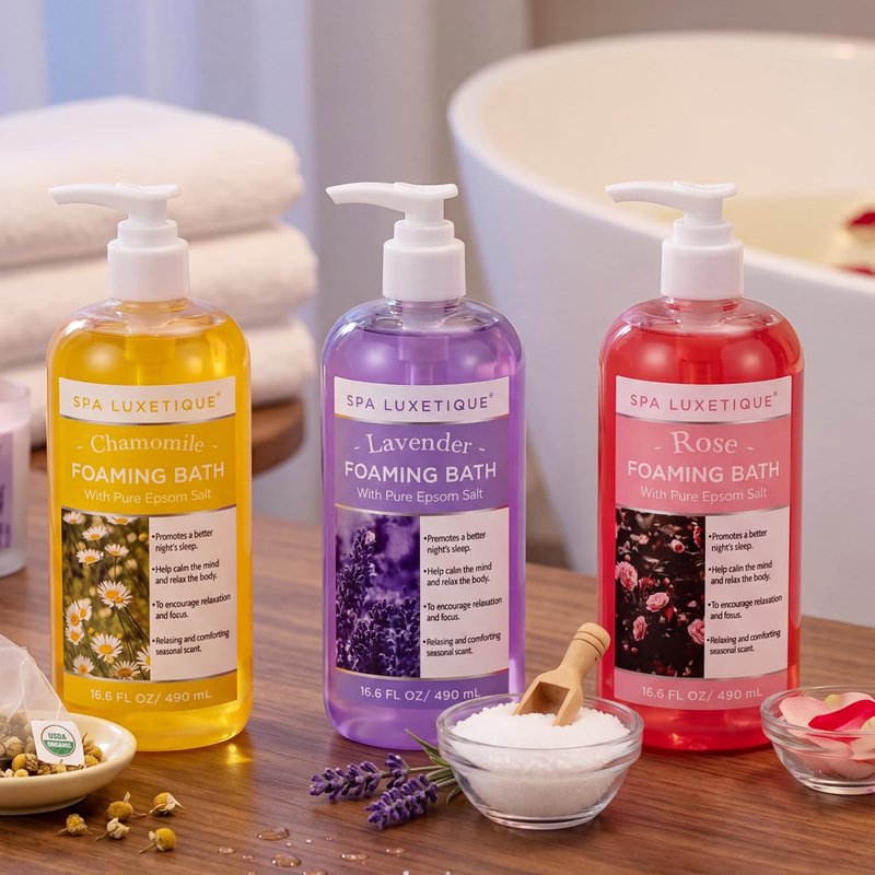 Spa Luxetique Bubble Bath, Foaming Bath with Epsom Salt, Chamomile Rose and Lavender Scent Bathing Set, 3 Pack 49.8 fl oz Mothers Day Gifts Set for Women and Men