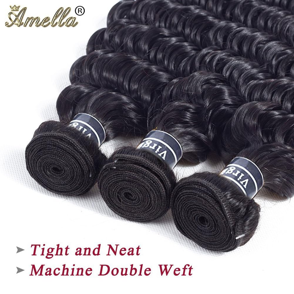 Amella Hair Deep Wave 3 Bundles with Frontal 13x4 Lace Closure Pre Plucked Brazilian Deep Wave Virgin Human Hair with Lace Frontal Free Part 16” 18" 20"+14"Frontal