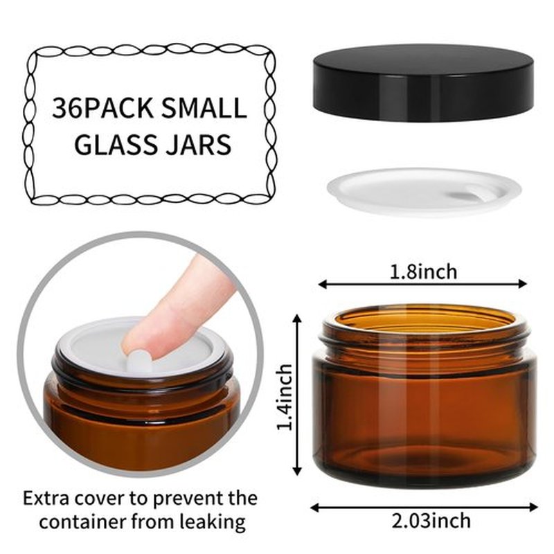 KEYWING 1oz Amber Glass Jars with Black Lids, 36 Pack Small Round Glass Cosmetic Jars with Inner Liners for Lotions, Cream, Powders and Ointments