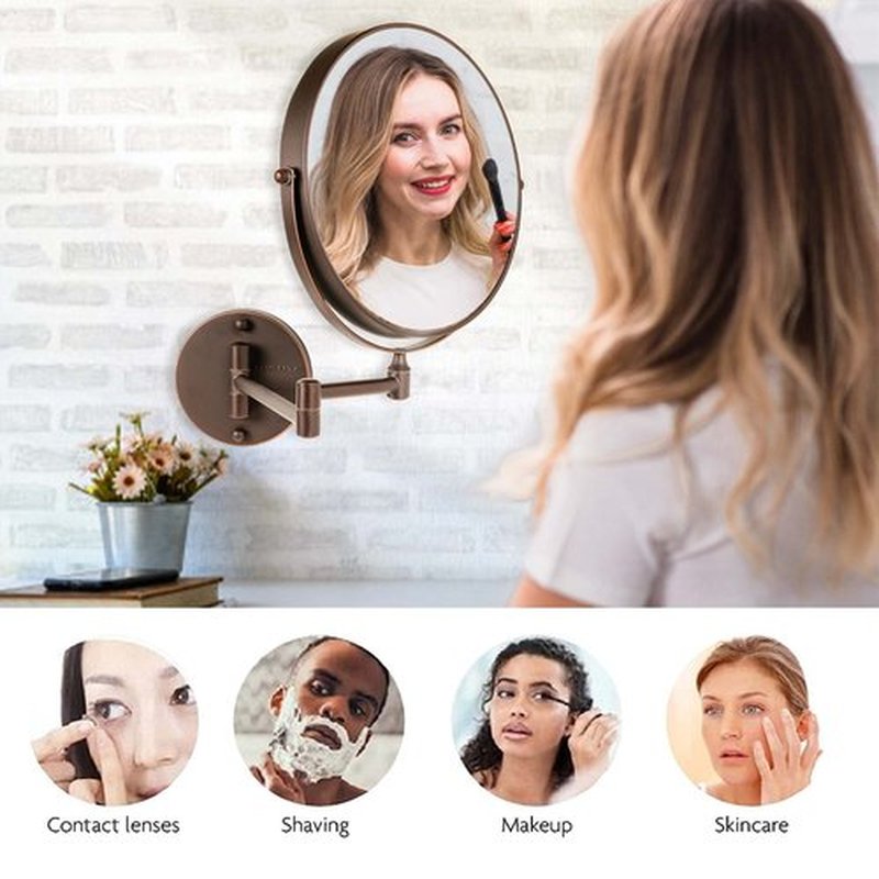 OVENTE 9" Wall Mounted Makeup Mirror with 1X/10X Magnification, Double Sided Magnifying Round Bathroom Vanity Mirror, 360° Swivel Design, Extendable and Folding Arm, Antique Bronze MNLFW90ABZ1X10X