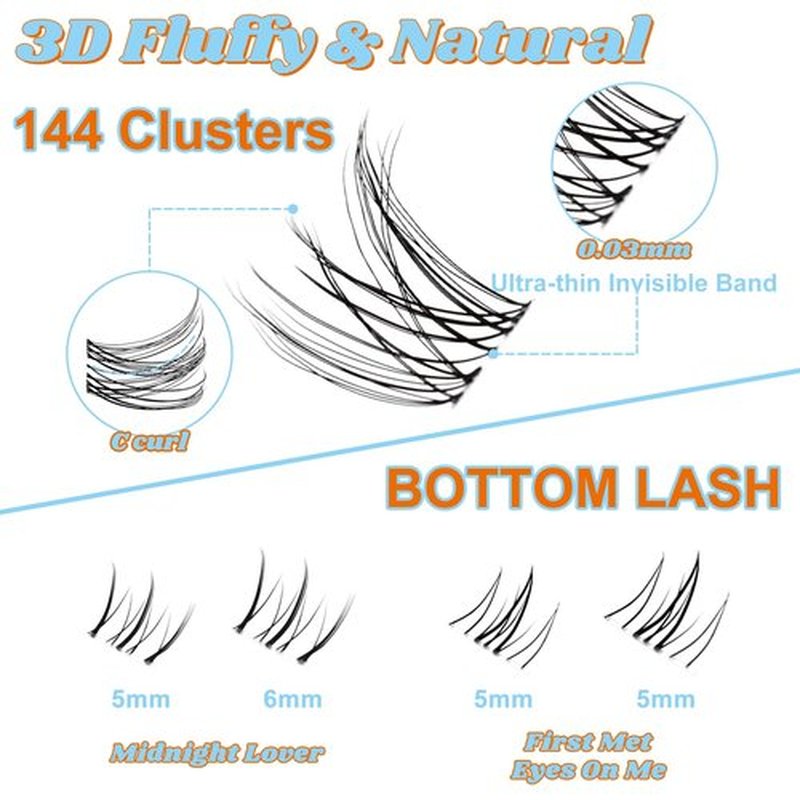 Fowendia Individual Cluster Lashes D Curl DIY Lashes Extension Kit Classic Lashes Lash Clusters 8-18mm with Bond, Seal, and Remover - Ultra-Invisible Band No-Glue Lower Lashes, Midnight Lover-Kit