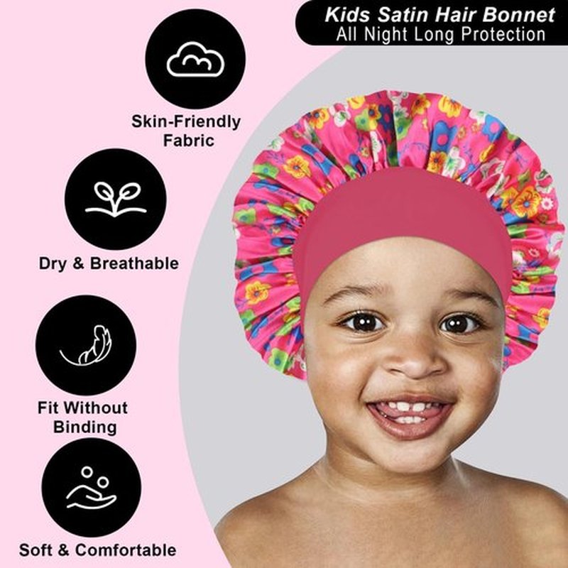 3 Pcs Silk Hair Bonnet for Sleeping - Baby Satin Bonnets for Girls Kids Sleep Cap Hair Wraps for Curly Natural Hair with Elastic Wide Band (Black+Hot Pink+Blue)…