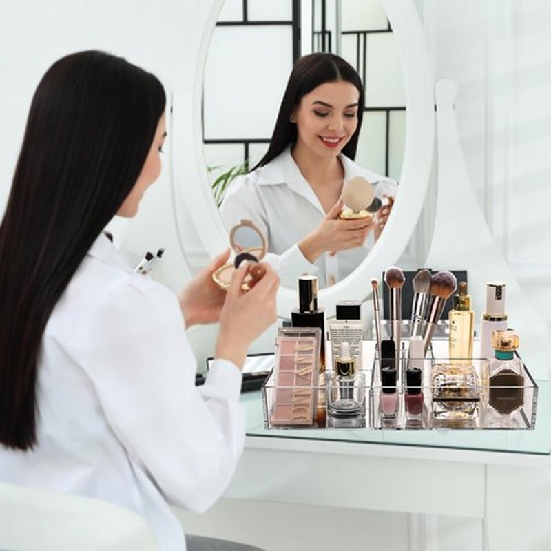 Large Makeup Organizer Countertop - Clear Make Up Organizers and Storage with 8 Divided Cosmetic Slots for Vanity, Bathroom, Drawer, Cosmetic Display Cases