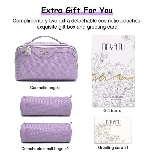 Travel Makeup Bags Cosmetic Organizer Bag: Large Capacity Make up Bag Set of 3 - Vegan Leather Toiletry Bag for Women - Portable Makeup Organizer with Compartments & Handle & Divider (02 Purple)