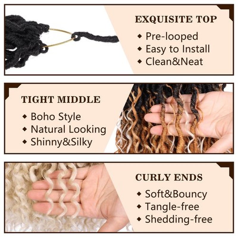 COOKOO 14 Inch Bohemian New Faux Locs Crochet Hair 8 Packs Ombre Goddess Locs Crochet Hair Pre Looped Crochet Braid with Curls Boho Style Hippie Locs Synthetic Hair Extensions for Women 1B/27/613#