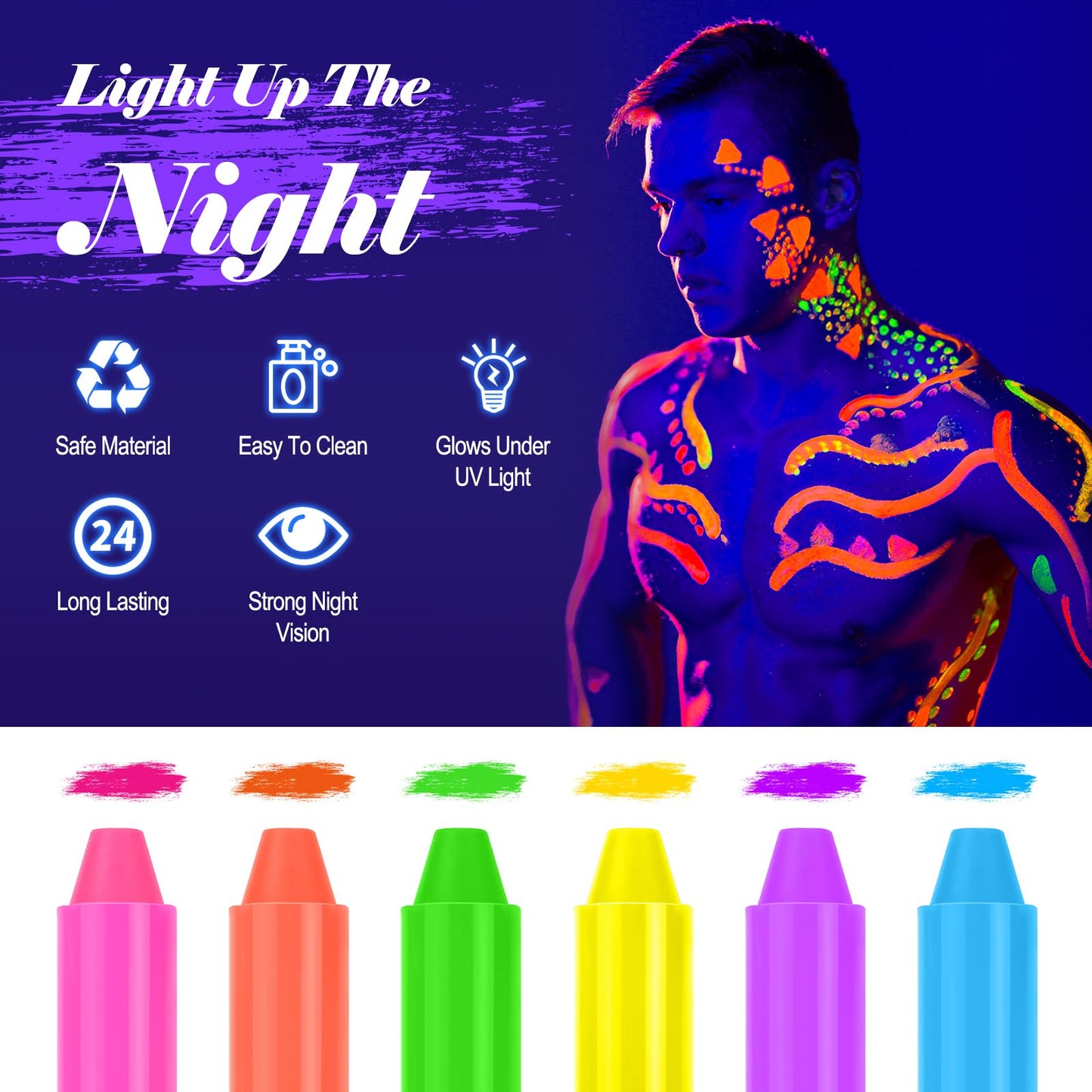 glow in the dark body face paint, 12pcs neon accessories for glow party supplies, UV Crayon Kit neon party decorations for Birthday Party Halloween Masquerade Makeup for Kids Adult