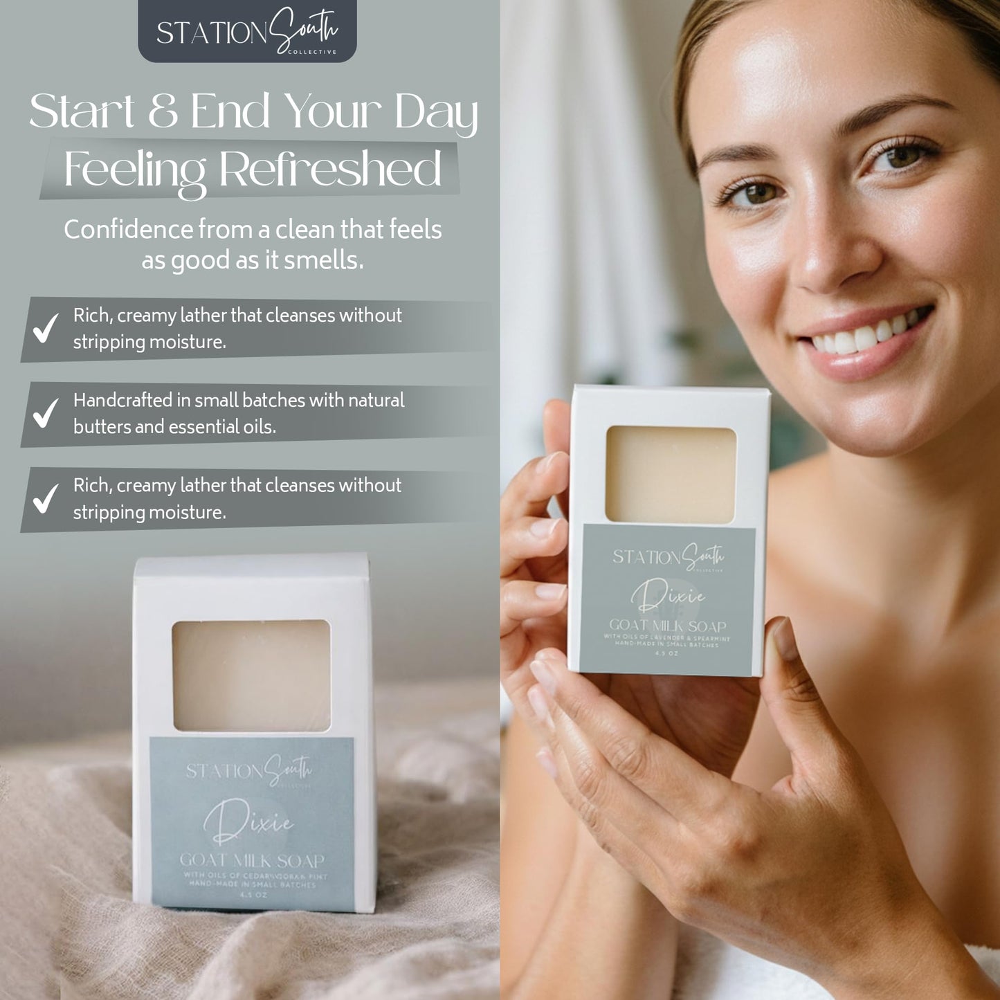 Station South Collective Dixie Goat Milk Soap Bar – Moisturizing & Gentle Body Soap for Sensitive Skin, Hydrating Cleanse with Shea Butter, Lavender & Spearmint