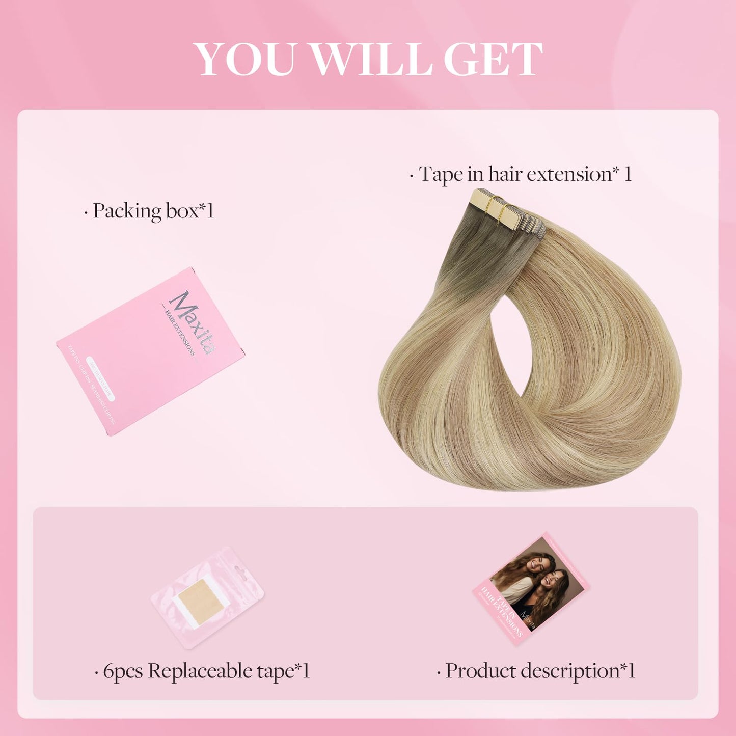 MAXITA Seamless Tape in Hair Extensions Human Hair, 100% Human Tape in Hair Extensions Light Ash Brown to Dirty Brown and Sun Blonde 14 Inch 50g 20pcs,Invisible Seamless Remy Tape for Extensions