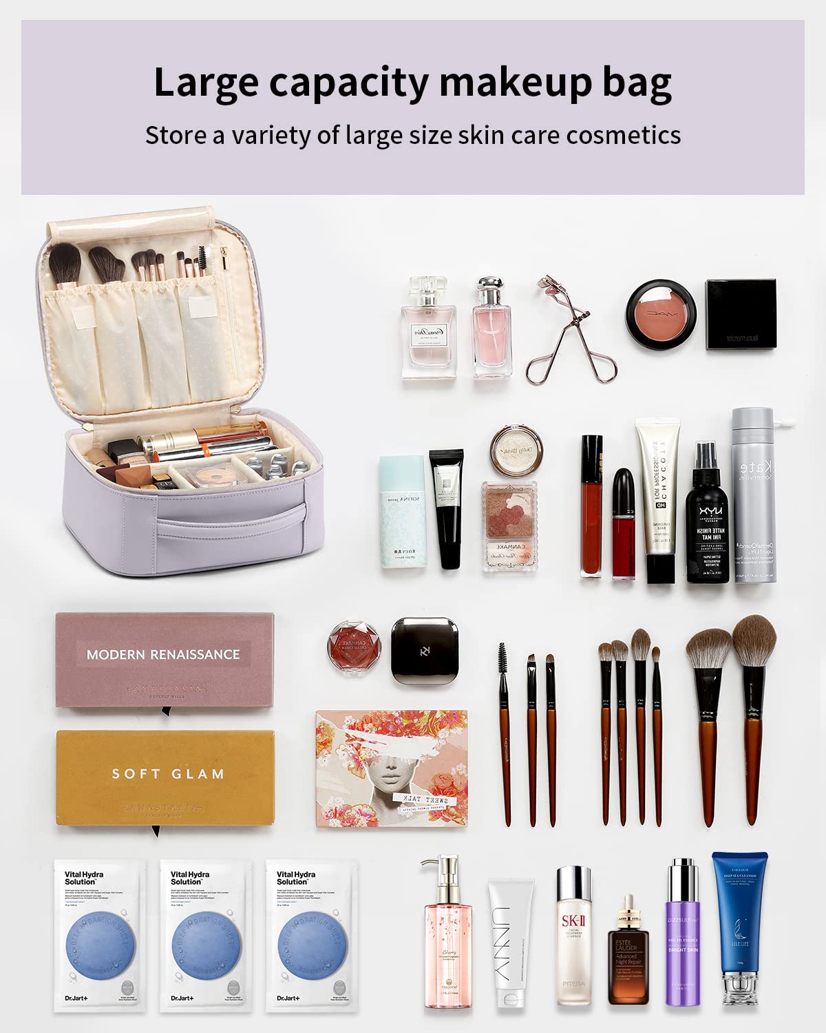 Vlando Travel Makeup Bag, Large Capacity Cosmetic Bag for Women PU Leather Makeup Case Organizer Portable Make up Bag with Dividers and Handle for Girls,Wedding,Makeup Brushes Purple