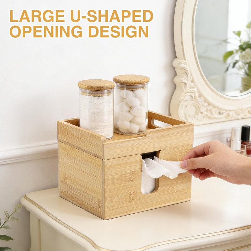 InnJoey Bamboo Face Towel Holder with 120 XL Towels - Open-Top Skincare Organizer for Facial Cleansing Wipes & Beauty Essentials - Bathroom Countertop Vanity Organizer