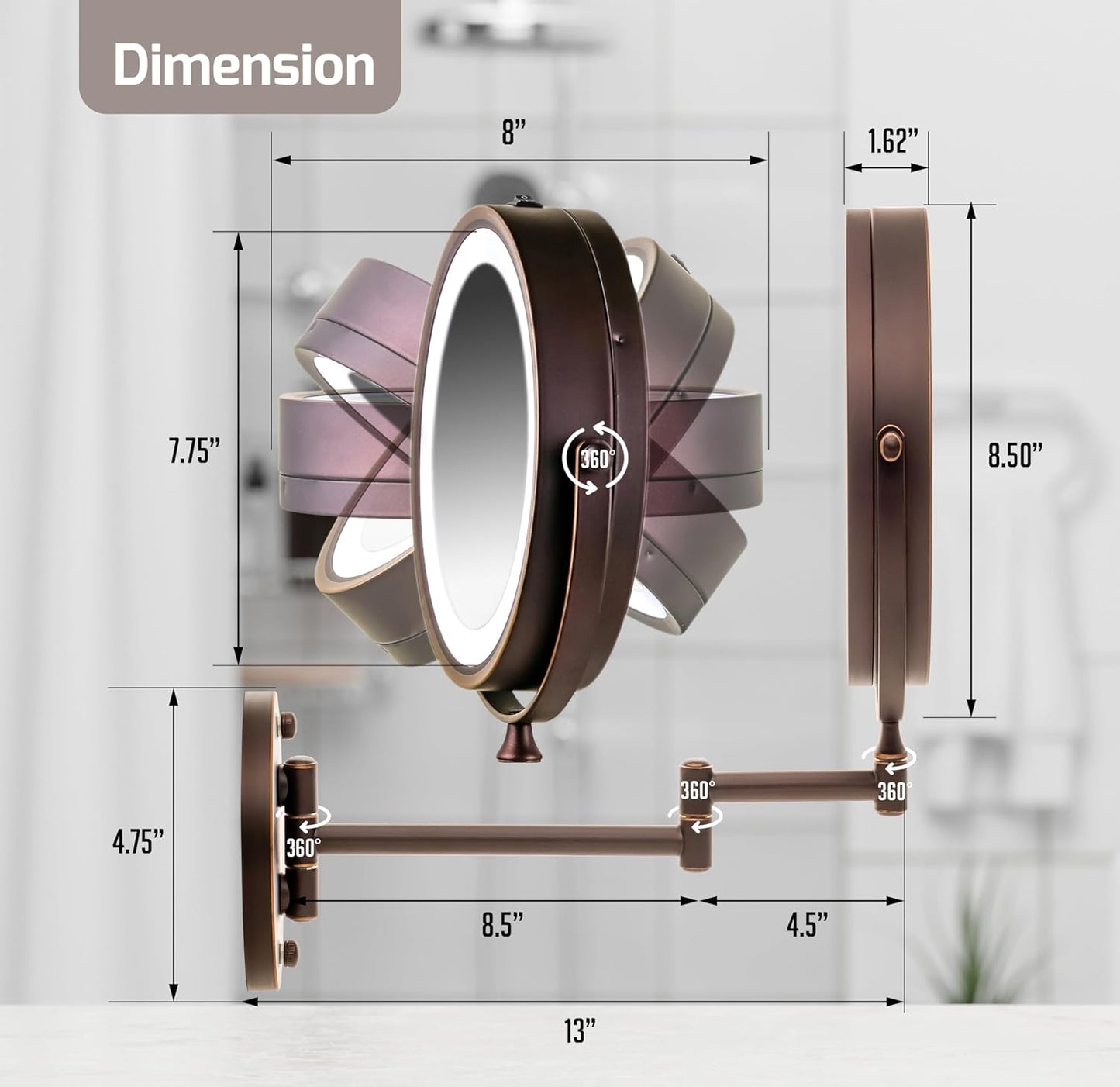 OVENTE 7" Lighted Wall Mount Makeup Mirror with 1X/10X Magnification, Cordless Double Sided Magnifying Round Vanity Mirror, 360° Swivel Design, Extendable and Folding Arm, Antique Bronze MFW70ABZ1X10X