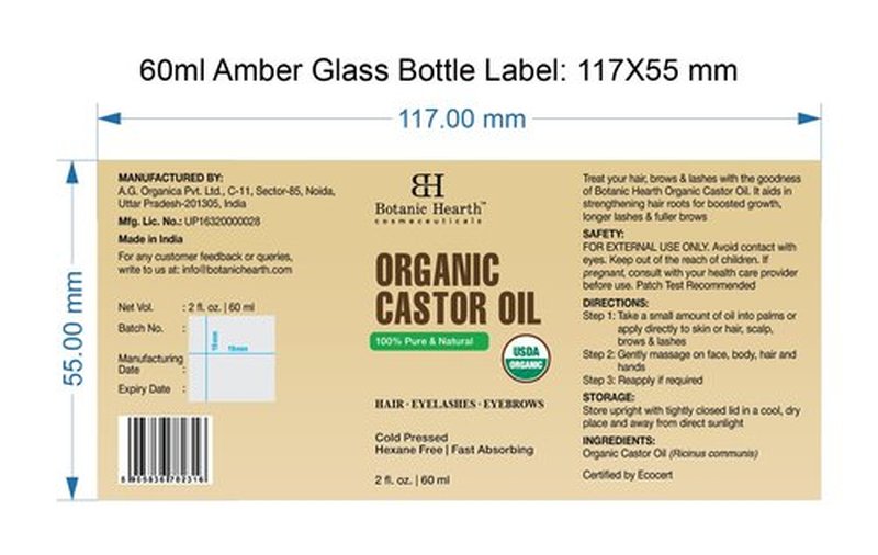 Botanic Hearth Castor Oil | USDA Certified Organic |100% Pure & Hexane Free | Cold Pressed | Growth for Eyelashes, Eyebrows, Hair | With Eyebrow & Eyelash Brush | (Glass Bottle 2fl oz)