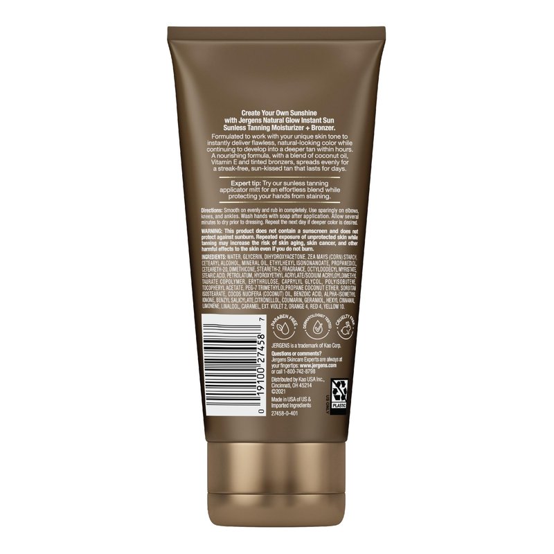 Jergens Natural Glow Instant Sun Tanning Moisturizer + Bronzer, Lightweight Sunless Tanning for Natural-Looking Color, Light Bronze, 6 Oz