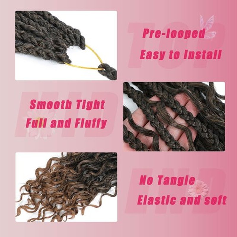 Goddess Box Braids Crochet Hair 24Inch 8PacksPre Looped Boho Box Braids Braiding Hair Curly Ends Bohomian Crochet Box Braids (T/30#, 24 inch)