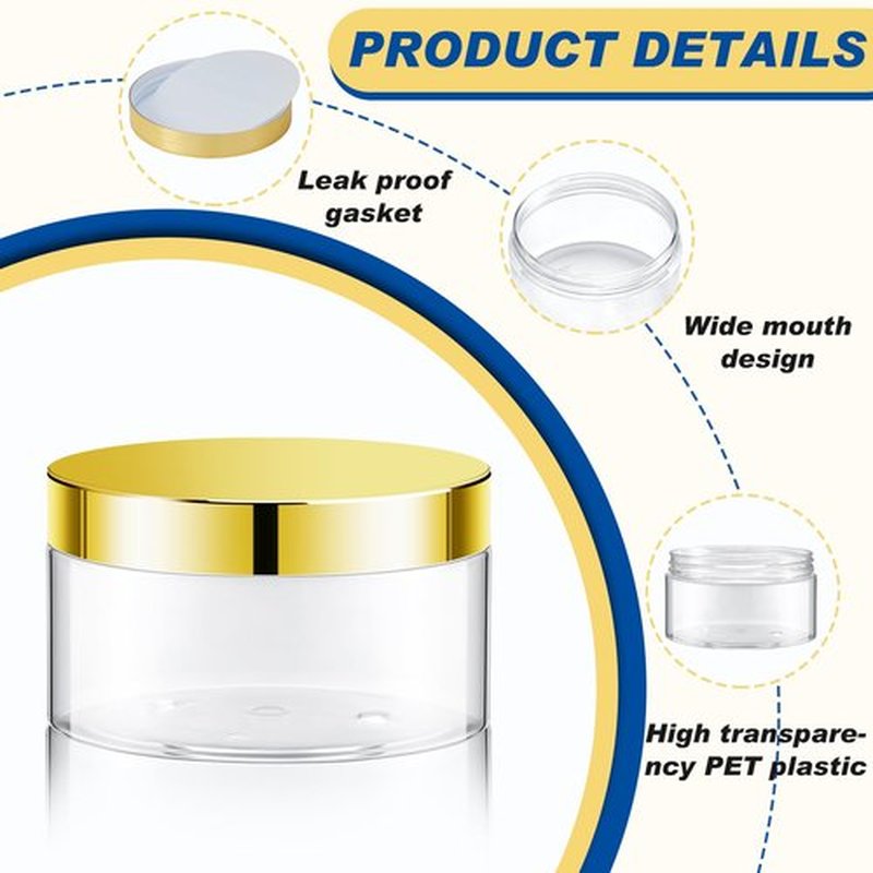 Dandat 24 Pcs Plastic Jars with Lid and Label PET Cosmetic Containers Leak Proof Empty Cosmetic Jars Refillable Storage Travel Jars for Lotion Cream Gel Powder Ointment(Clear with Gold Lid,8 oz)