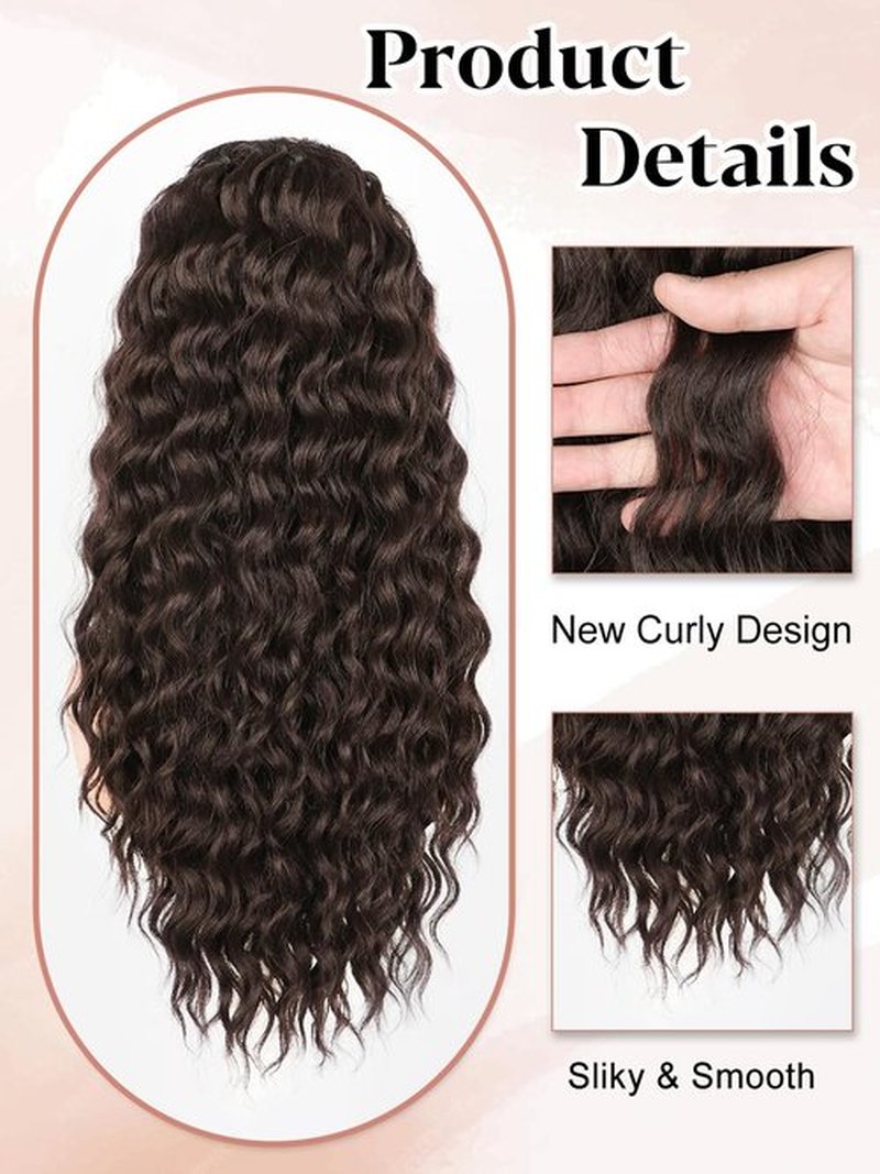 SUZYACCKR Wavy Curly Ponytail Extension, Dark Brown Short Soft Natural Synthetic Hairpiece Thick Drawstring Ponytail for Black Women For Daily Use(22 inch)