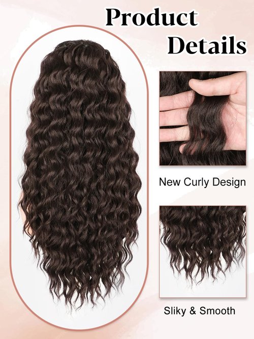 SUZYACCKR Wavy Curly Ponytail Extension, Dark Brown Short Soft Natural Synthetic Hairpiece Thick Drawstring Ponytail for Black Women For Daily Use(22 inch)
