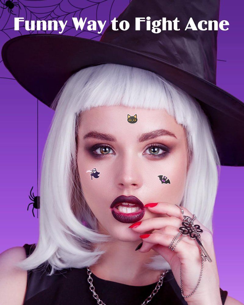 Attyxfica Halloween Acne Pimple Patches Cute - 144 Count Hydrocolloid Pimple Patches for Face, Spot Treatment Stickers w/Salicylic Acid & Tea Tree Oil for Zits and Blemishes, 2 Sizes & 12 Patterns