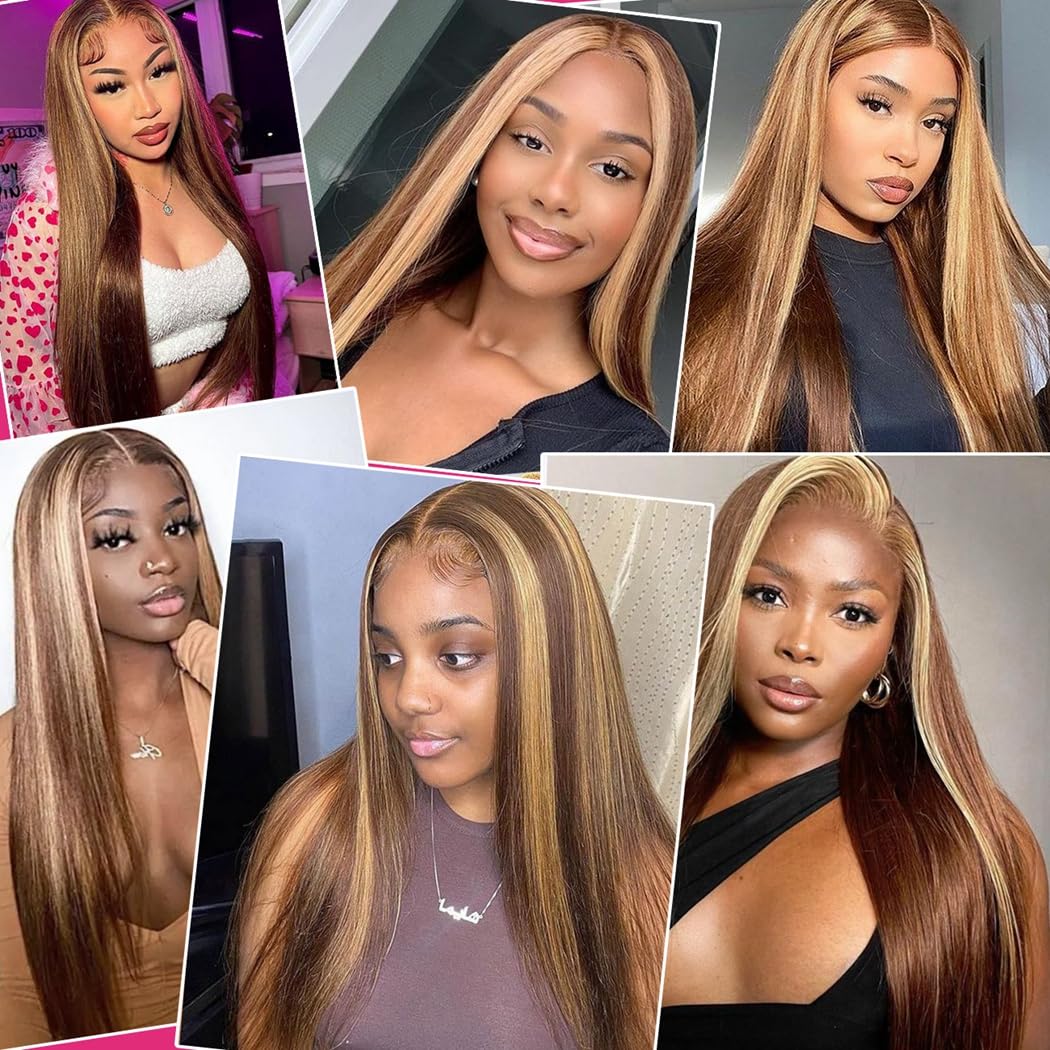4/27 Highlight Straight Bundles with 13x4 Lace Frontal Brazilian Human Hair 3 Bundles with Frontal Ombre Blonde Colored 180% Density 12 14 16+10 Unprocessed Straight Virgin Hair Closure with Bundles
