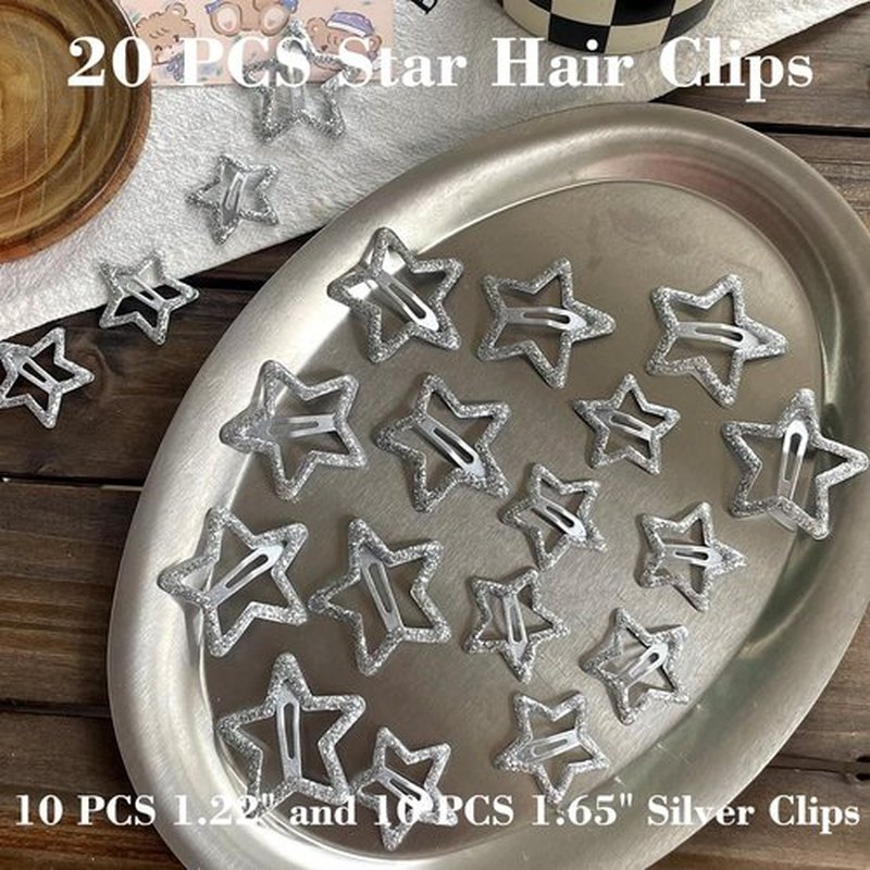 20 PCS Sparkling 1.22" and 1.65"Star Hair Clips Snap Star Hair Accessories Non Slip Star Clips for Girls Women Y2K Accessories Silver Metal Hair Clip Star Hair Barrettes Star Hair Clips Star Hair Clip