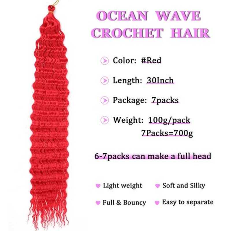 ZRQ 30 Inch Deep Wave Crochet Hair Red Color Long Ocean Wave Crochet Hair 7 Packs Curly Braiding Hair For Beach Curl Braiding Hair Synthetic Braiding Hair Extensions #Red