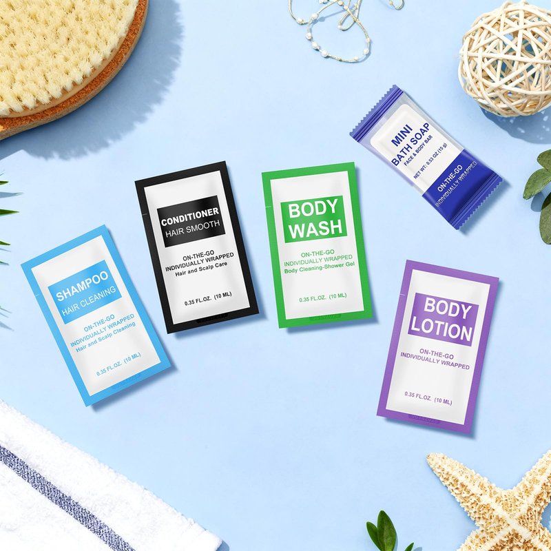 10 Pcs 5-IN-1 Hotel Soaps and Toiletries Bulk Set,5-Piece Set 0.35 oz each Packets Shampoo,Conditioner, Body Wash and Lotion,0.53 oz Soap Mini Travel Size Toiletries Supplies kit for Guests,Homeless