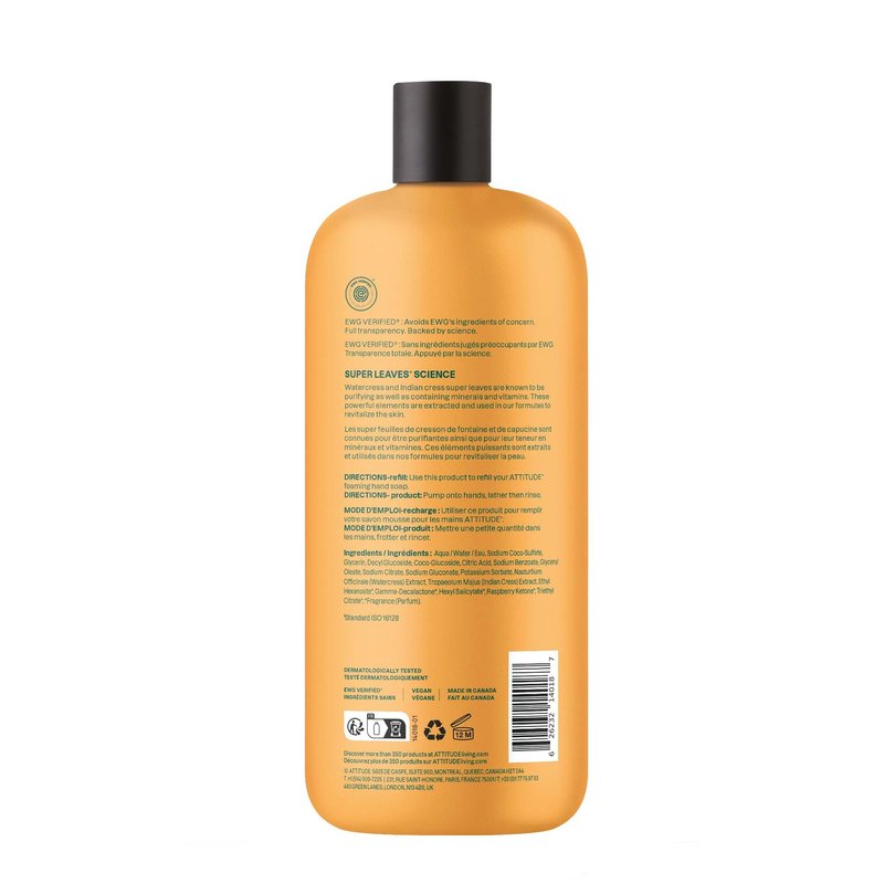 ATTITUDE Foaming Hand Soap Refill, EWG Verified, Natural & Plant-Based Hand Wash, Gentle & Moisturizing, Vegan, Orange Blossom & Eucalyptus Scent, 30 Fl Oz