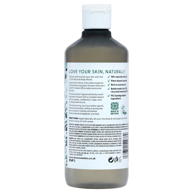 I LOVE Naturals Lime, Ginger, and Cardamom Body Wash - Moisturizing Body Wash - Infused with Essential Oils - Plant-Based Body Cleanser - 16.9 oz