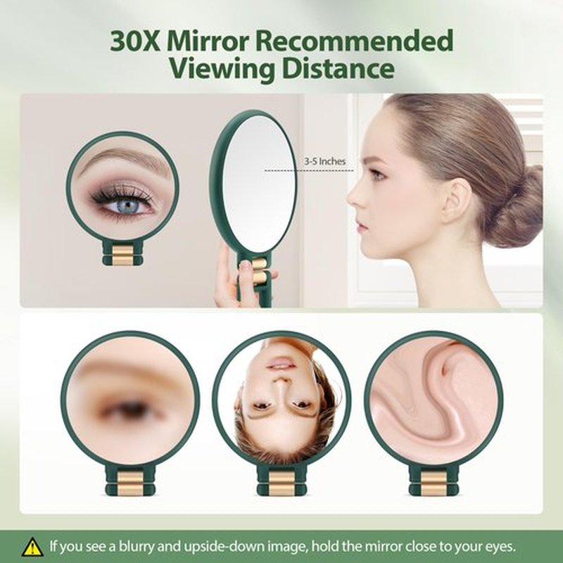 B Beauty Planet Handheld Magnifying Mirror, Double Sided Travel Magnifying Mirror with 30X/1X Magnification, 360°Adjustable Handle and Precision Tweezers, Portable Multi-Purpose Makeup Mirror Green