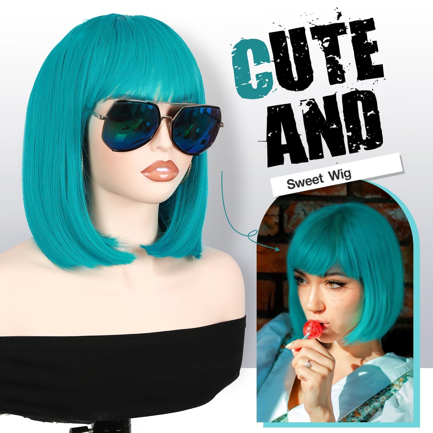 Fancy Hair Teal Bob Wig with Bangs Short Straight Turquoise Bob Wig Synthetic Vibrant Teal Blue Cosplay Bob Wig for Women 12 Inches