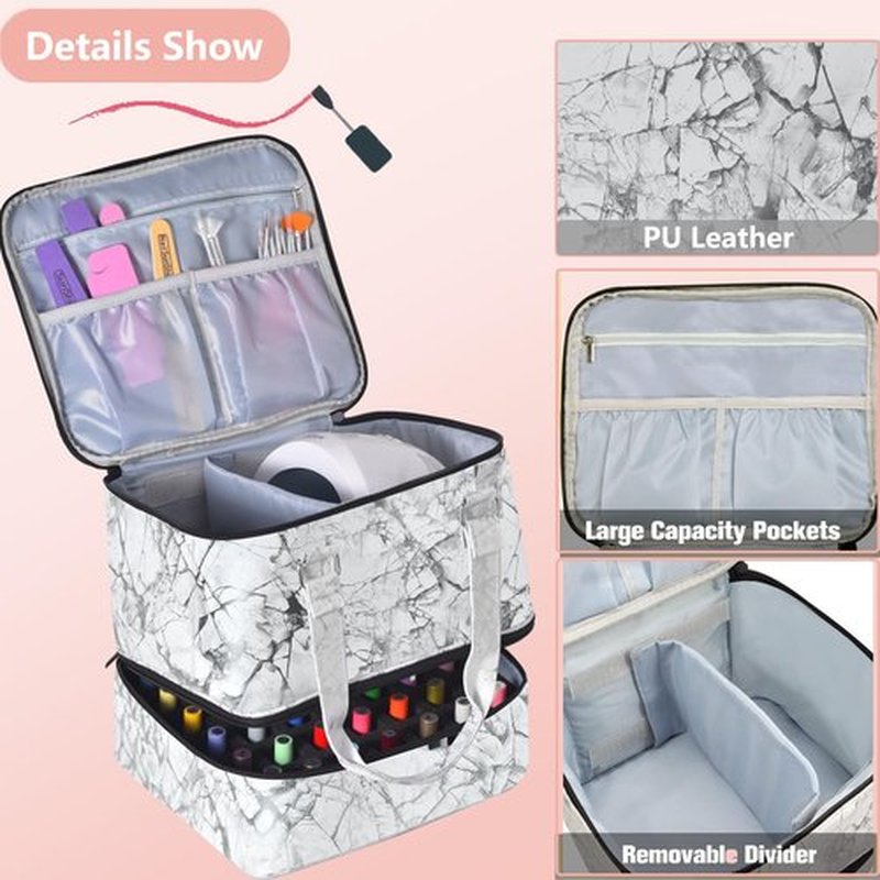 FCQQYWZ Nail Polish Organizer Case - Holds 42+ Bottles (15ml/0.5 fl.oz) and 1 Nail Lamp, Upgraded Double-layer Nail Polish Carrying Case Nail Polish Storage Bag with Handles (White)