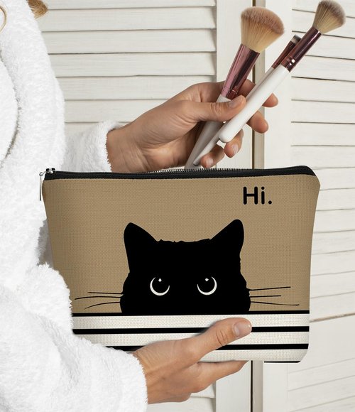 BARPERY Cat Makeup Bag, Cute Makeup Bag, Cat Gifts for Cat Lovers Women, Black Cat Gifts, Hi Black Cat Kitty Cosmetic Bag, Cat Makeup Pouch, Cat Stuff for Cat Lovers (Light Purple)