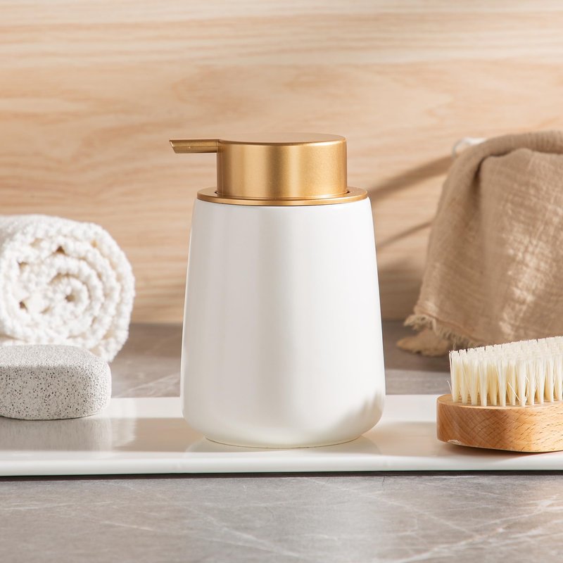 Enra Ceramic Soap Dispenser, 12 Oz Wide-Mouth Hand Lotion Dispenser with Gold Pump, White Refillable Dish Soap Dispenser for Kitchen & Bathroom Countertop Decor