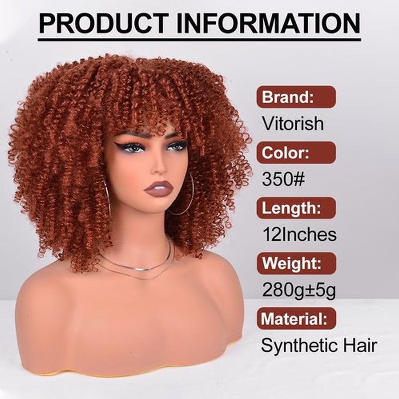 Vitorish Kinky Curly Wigs for Black Women,12Inches Machine Made Wigs Afro Bomb Curly Wigs about 280g/Piece Natural Glueless Heat Resistant Synthetic African Wig (Orange)