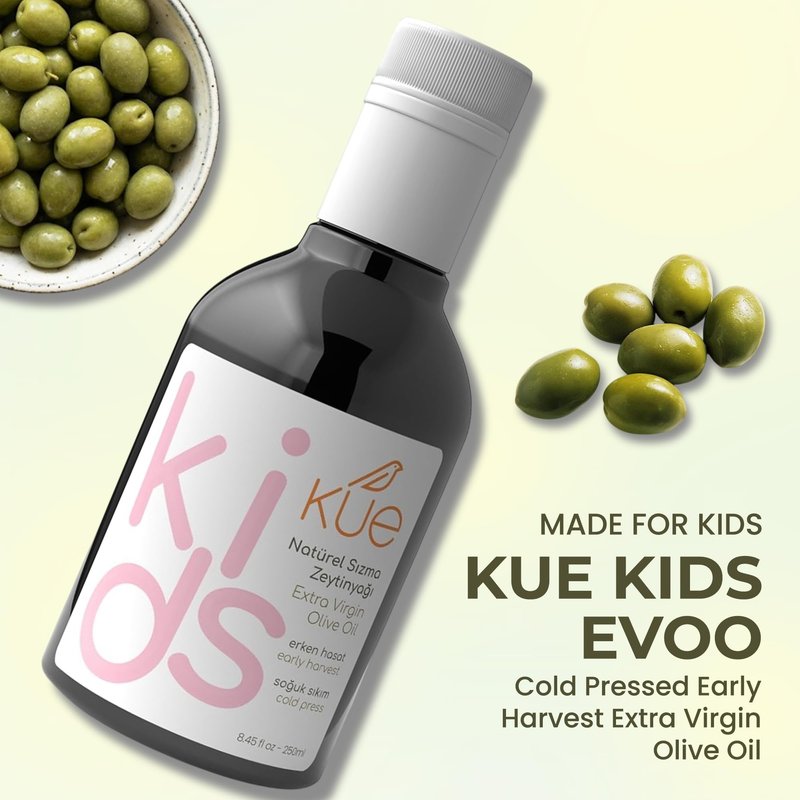 Kue Kids Extra Virgin Olive Oil, 8.45 fl oz - Cold Pressed Early Harvest EVOO, High Polyphenol Olive Oil for Kids & Baby Food, 14kg Olives Per Liter, 0.2% Acidity, Pure Olive Oil (250 ml)