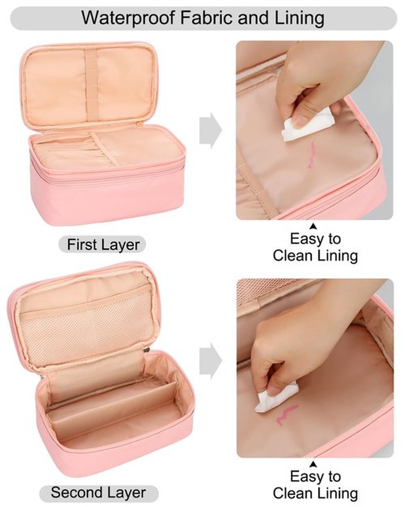 Relavel Pink Makeup Bag,Travel Makeup Organizer Bag, Large Capacity Cosmetic Bags For Women Makeup Brush Holder Storage Toiletry Organizer (Pink)