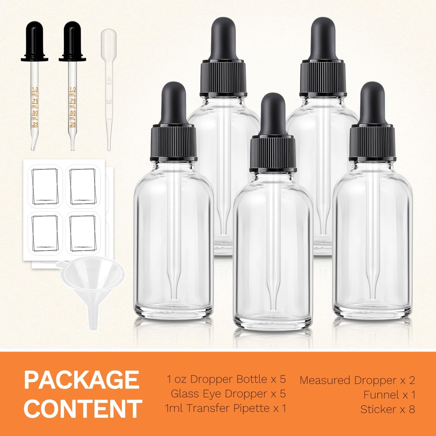 Bumobum 5 Pcs, 1 oz Clear Dropper Bottle with 2 Extra Glass Dropper, 1 Funnel, 1 Pipette, 8 Labels 30 ml Eye Dropper Bottle for Essential Oils Serums Hair Oils Body Cuticle Oils