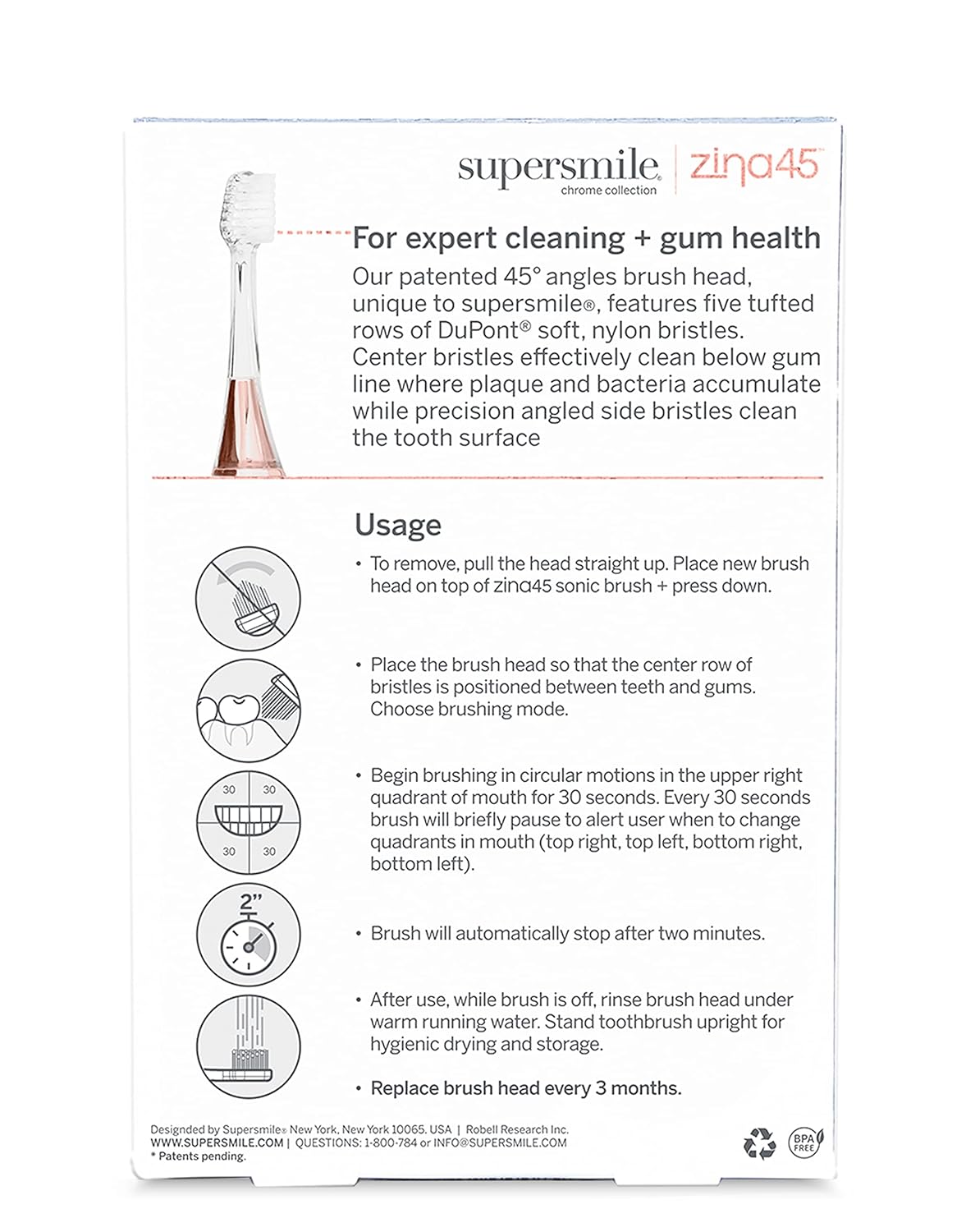 Supersmile Zina45 Replacement Brush Heads for Sonic Pulse Toothbrush