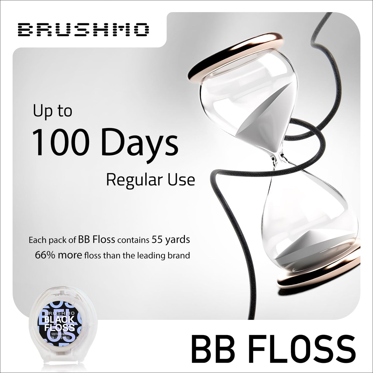 Brushmo Black Floss (BB Floss), US Dentist-Designed Oral Care, Stain-Absorbing, Woven Expanding Dental Floss with Natural Wax to Prevent Gum Disease, Non-Toxic PTFE & PFAS Free, 2 spools (110 yd)