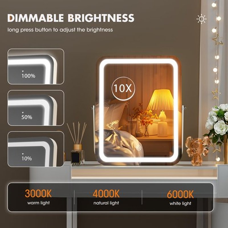 Hasipu Vanity Mirror with Lights, 11" x 14" LED Makeup Mirror, 3 Modes Light, Smart Touch Control Dimmable, 360ยฐRotation, Rectangle White Frame, with 5X Magnifying Glass
