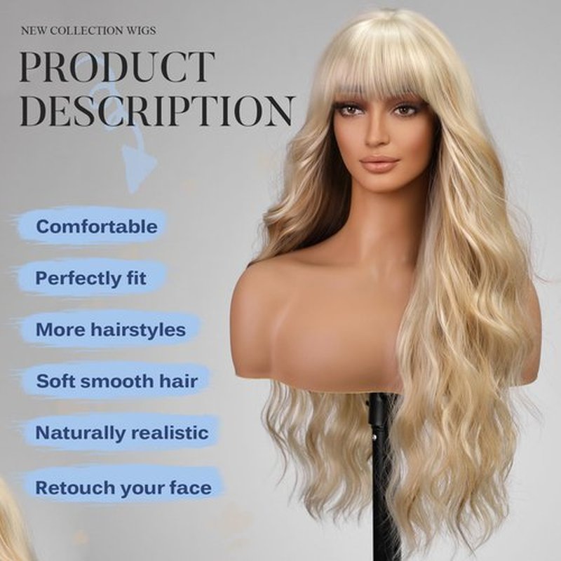 KOME Light Blonde Wigs with Bangs,613 Blonde mixed Long Wavy Wig for Women,Long Curly Synthetic Hair Wig for Party Daily Use 26IN…