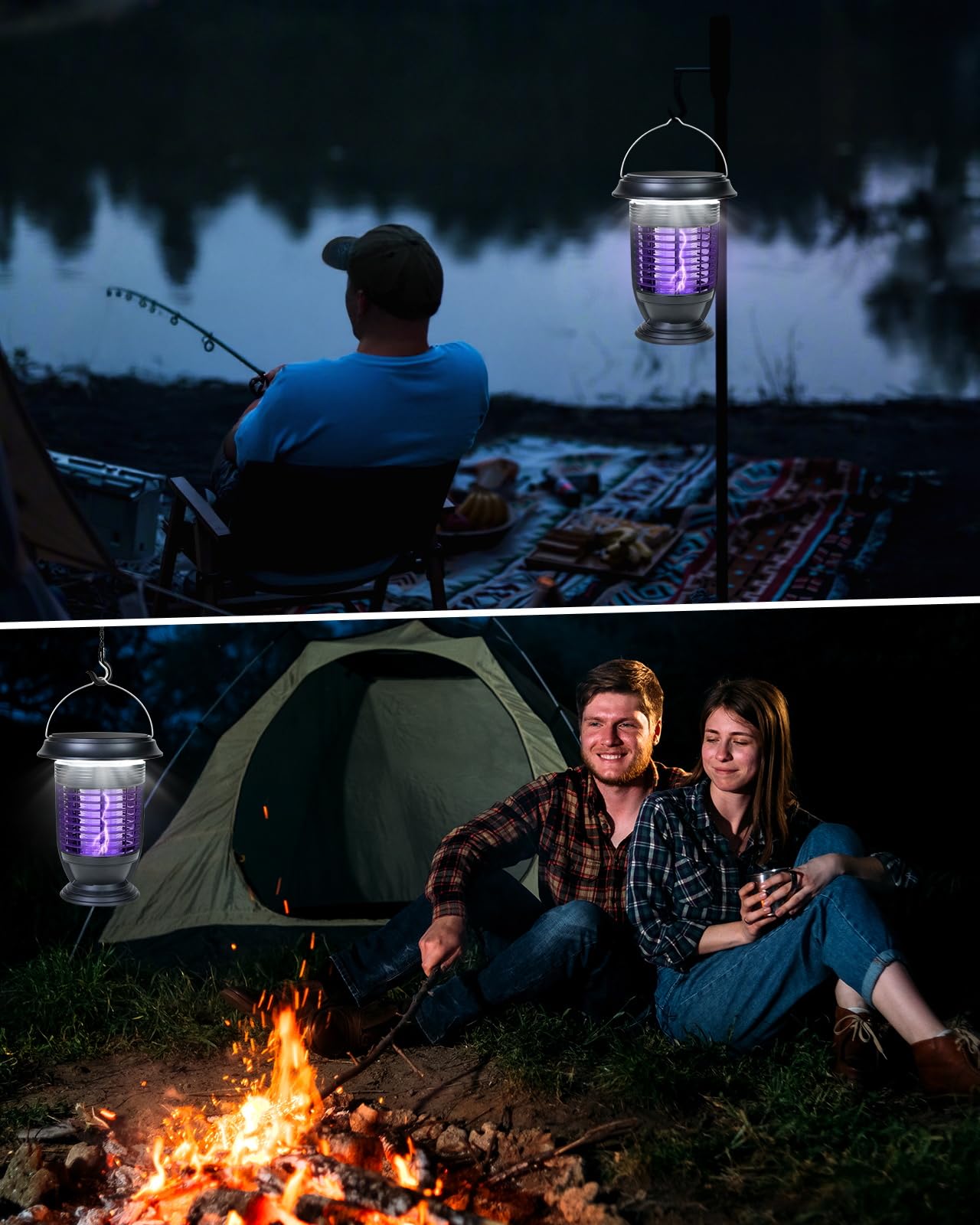 Xuoity Solar Bug Zapper Outdoor Indoor Waterproof, 2 in 1 Mosquito Killer with LED Light, Rechargeable Cordless Fly Zapper with Panel Sensor, Electric Camping Light for Patio, Backyard, Garden