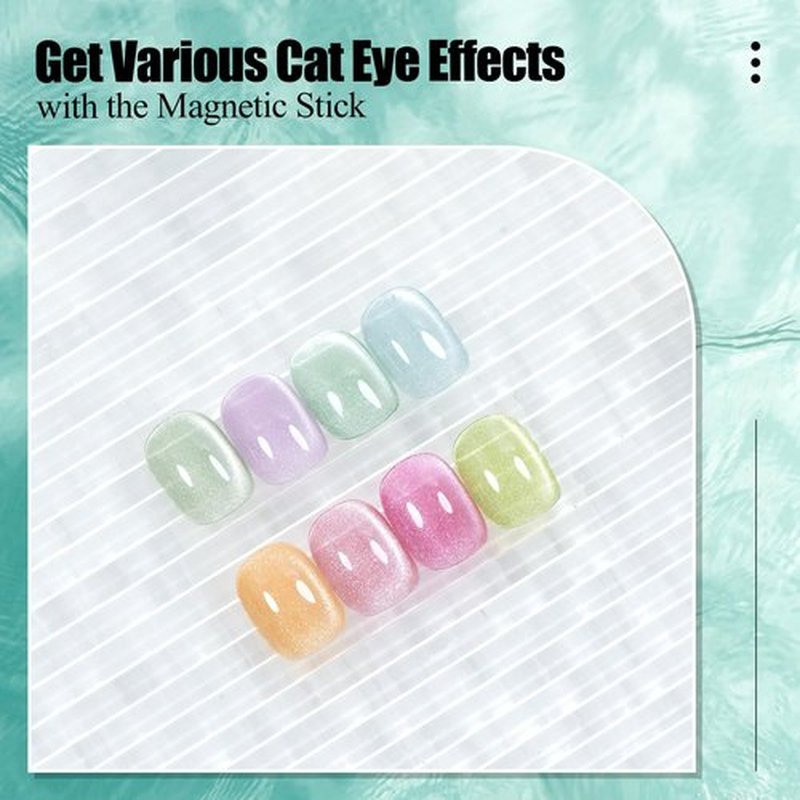 Adhere 8Pcs 12ML Color Transparent Candy Crystal Cat Eye Gel Nail Polish Kit with Magnet Jelly Color Jewelry Cat Eye Series Gel Polish Soak Off Led Nail Art Gel Manicure Salon DIY Gifts