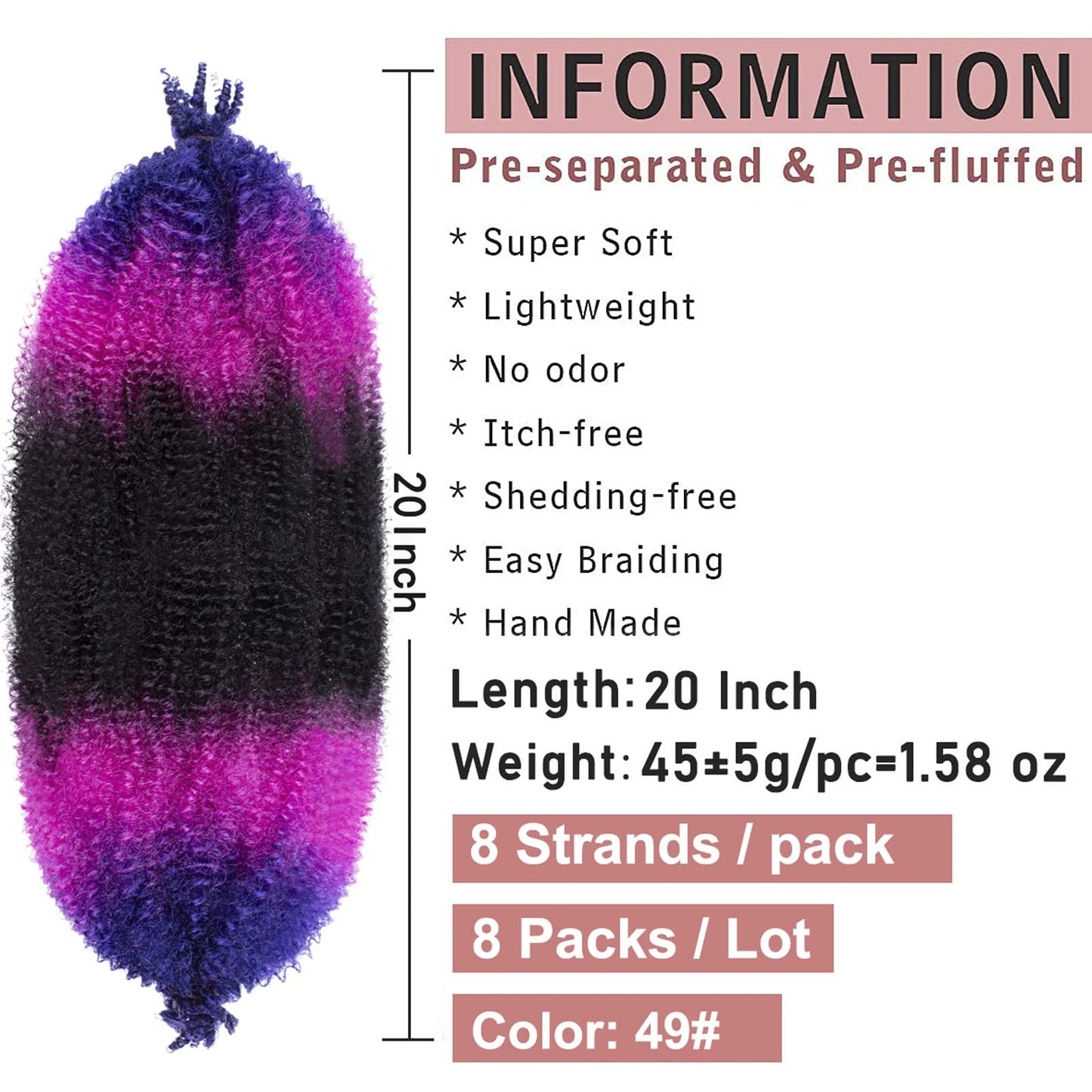 20 Inch 3 Tone blue/purple ombre Springy Afro Twist Hair 8 Pack Pre-Separated Spring Twist Hair For Distressed Soft Locs Marley Twist Braiding Hair Synthetic For Black Women (8 Strands/Pack, 49#)