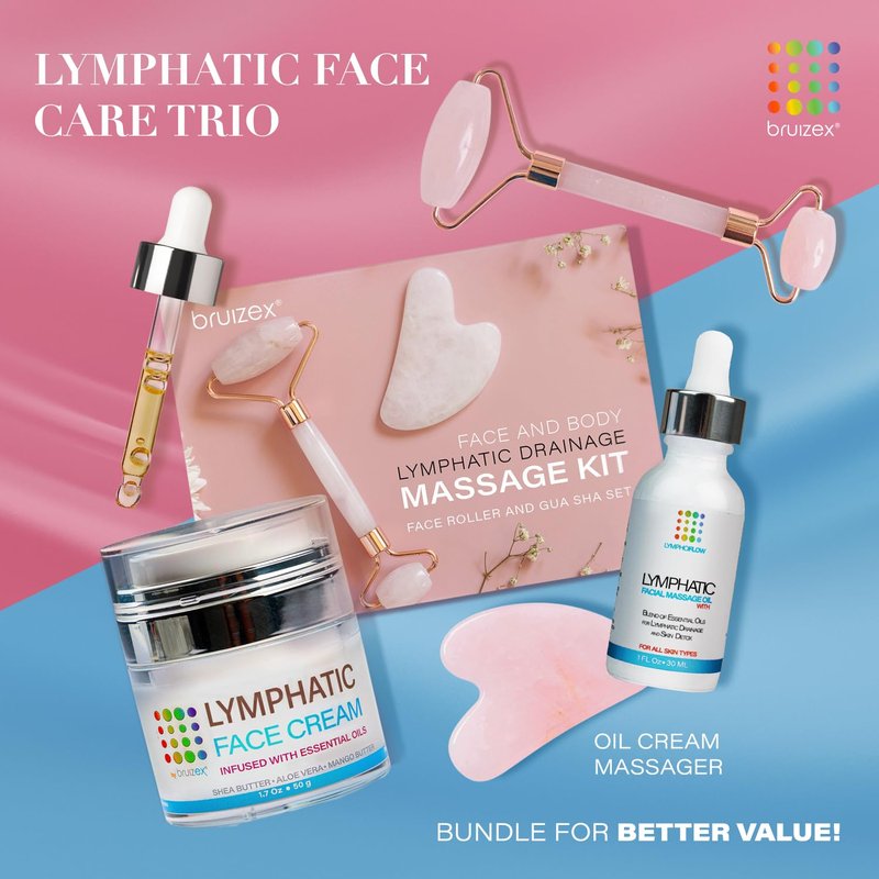 Bruizex Lymphatic Drainage Oil for Face & Neck Massage, Coconut & Jojoba Oil for Skin Facial Oil for Gua Sha or Jade Roller, Boosted with Vitamins E & C, Hyaluronic Acid & Retinol - 1 Fl Oz