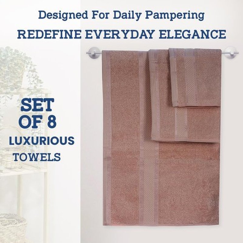Casa Lino 8 Pc Premium Towel Set, Cotton Towels Set, 400 GSM 2 Bath Towel, 2 Hand Towel, & 4 Washcloths, Bathroom Set, Head Towels Wrap for Ladies, Gym Towel for Men Workout Coffee