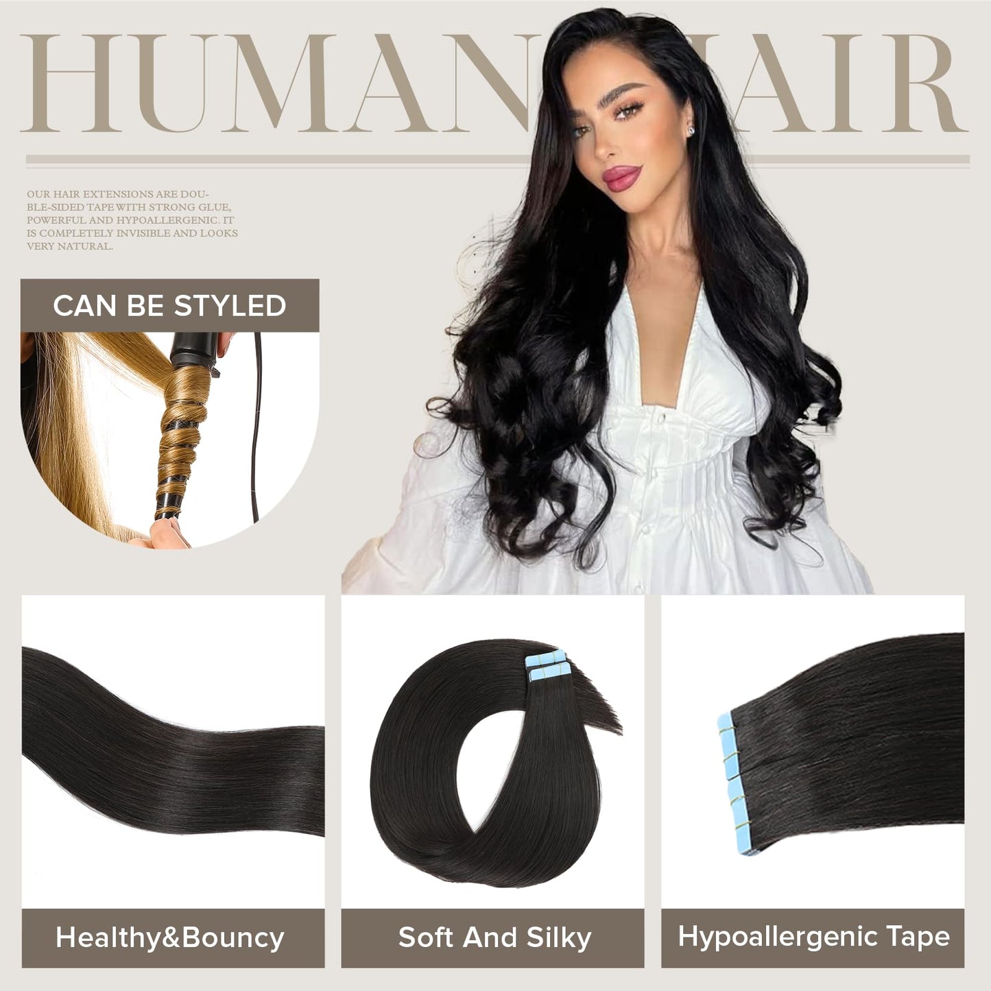 Mifes Tape in Hair Extensions Human Hair Natural Black #1B 20pcs/40g 16 Inch Double Sided Tape in Extensions Tape in Extensions Real Human Hair Remy Straight Hair Extensions