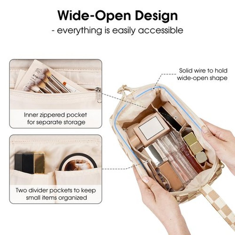 Narwey Large Checkered Makeup Bag Women Wide-open Make up Bag Travel Cosmetic Bag Organizer Toiletry Bag for Cosmetics Toiletries Accessories (Light Checkerboard)